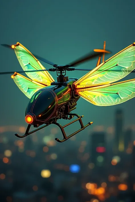 Create a detailed, futuristic hybrid image combining a high-tech helicopter with the organic form of a firefly. The helicopter should feature sleek, aerodynamic bodywork, futuristic alloys, and advanced glowing engines. Integrate translucent, bioluminescen...