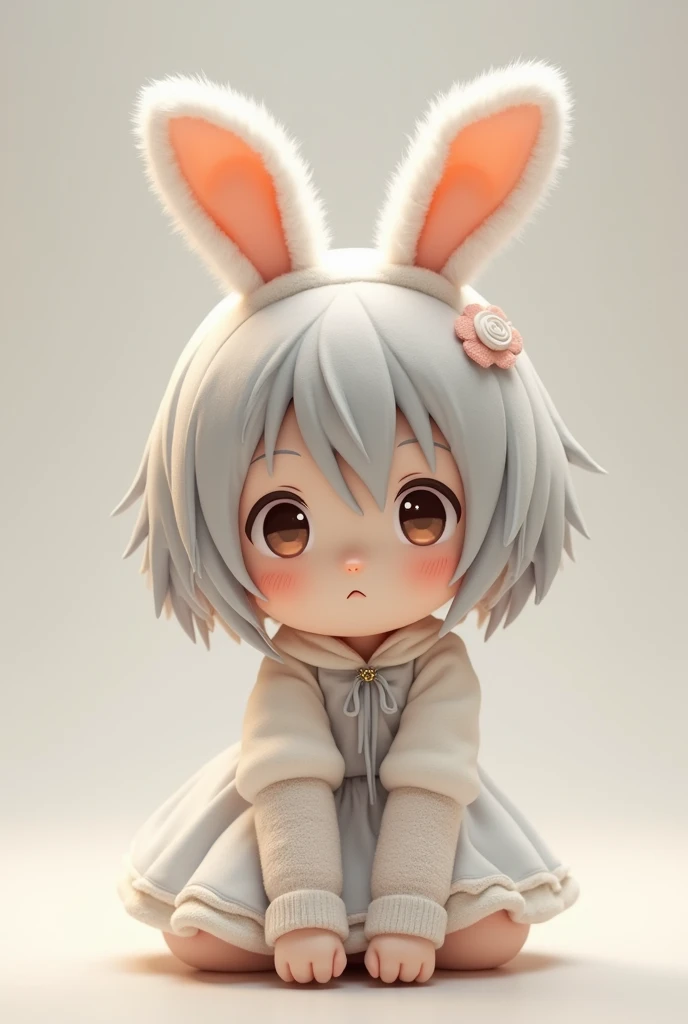  plushie, chibi anime girl, short hair, bunny ears, white and grey dress clotche, plush, real image style