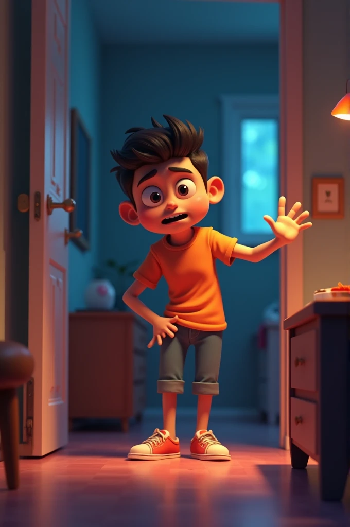 3d cartoon style Setting the scene: Pappu looking embarrassed
A young man named Pappu, looking shy and hesitant, standing in a dimly lit room. He is holding his hand nervously, dressed casually, with a playful yet awkward expression on his face.