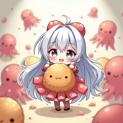 cuteアニメ　cute　Chibi　  girl　Silver Eyes 、 very long hair, Bangs, bangs,  let her pet octopus cosplay takoyaki、たこ焼きのコスプレをした girl、 dancing with 2 people 、smile、octopus background 