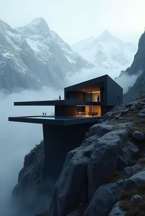 Une maison dark tres noir design au format atypique très original perchée dans les montagnes avec une piscine à débordement 