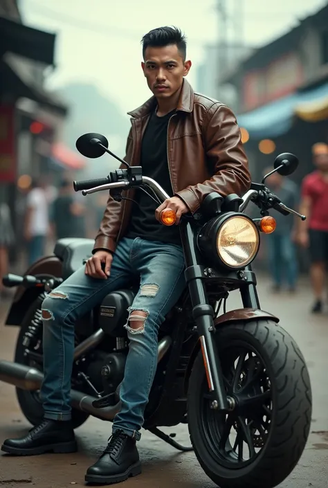 Handsome Asian guy  ,  stocky haired model snot to the right,  wears brown leather jacket,  long jeans of slimfit model torn motif and docmart shoes in black color , face staring into the camera , 
Pose standing in front of harley bike , background of crow...