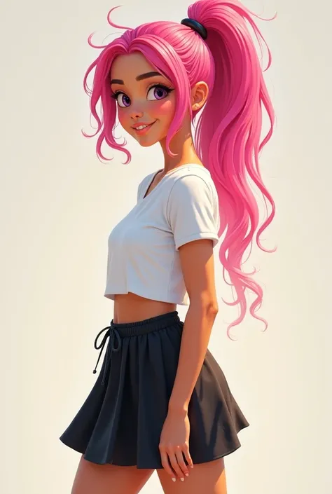 Girl looking Hispanic and Spanish with pink hair and a ponytail. With a white shirt and a black skirt.  full body 