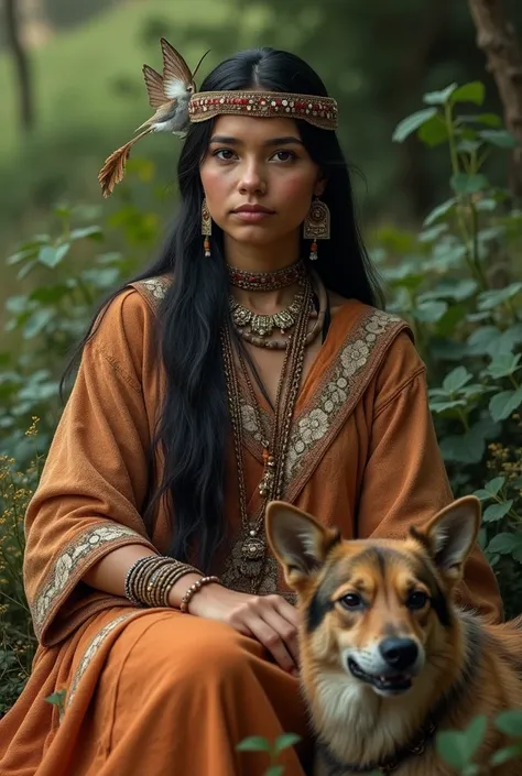 (native American woman) She finally got board and besides her was a wild tamed dog and her small bird which she had tamed