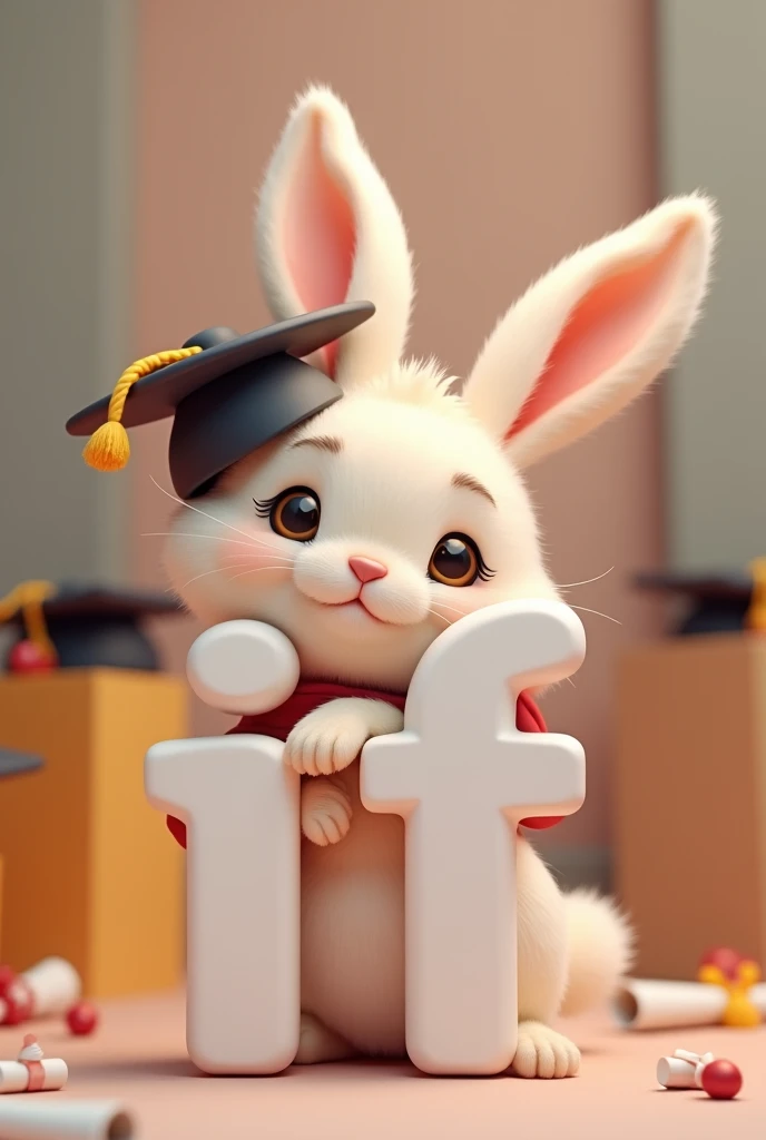 Cute 3D rabbit hugging the word if 2F,  graduation theme