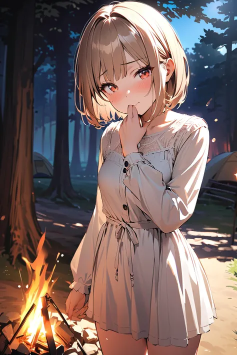 1 girl, (embarrassed face), young adult, short bob cut, (dressed in a casual yet practical outfit), small breasts, fit, (turning away slightly with a hand over her mouth),  
BREAK  
campsite at dusk, a small fire crackling, two party members holding hands ...