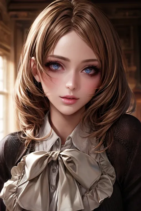 (masterpiece:1.3), (  top quality: 1.4), 
  cinematic lighting , 
( １ girls with light makeup),   beautiful face, (  realistic face), 
  beautiful hairstyle  ,
  Real Eyes ,   beautiful detailed eyes , 
(  real skin ),   Beautiful skin, 
(blouse), 
  absur...