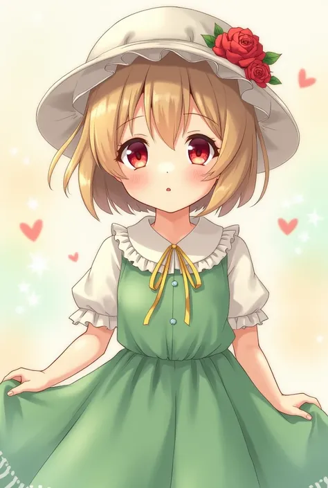 little anime girl,  short hair ,Light blond brown hair,Ojos rojos, little flower hat , green dress, baby