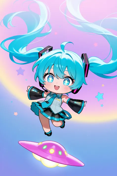   photorealistic、Chibi Miku （Sing Pink Ladys UFO、Stars in my eyes、Cute Shoes）、  clear focus ,   super detailed  , Shining、 bioluminescence 