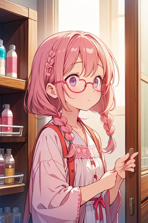 Looking up、 is shy、I have a medicine cabinet、 braids 、Worried face、pink round glasses