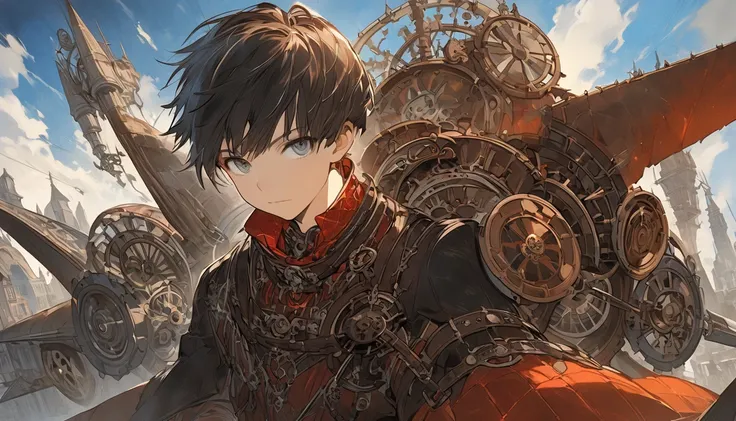 Create an anime-style illustration of a gothic-style short-haired young man piloting a steampunk-style wacky plane.
The steampunk-style wacky plane design combines mechanical and vintage elements typical of steampunk, such as gears, clock parts, and steam ...