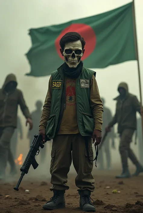 One Bangladeshi boy wore a skull mask and sported a brand vest "SAGOR" As well as holding weapons , zombies and bangladeshi flag in background, post apocalyptic 