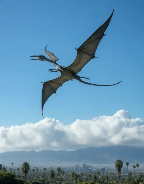 majestic and highly detailed flying dinosaur, such as a Pteranodon, soaring gracefully through the bright daylight sky over California. The dinosaur has massive, leathery wings spread wide, with intricate textures and natural skin tones, as sunlight glimme...