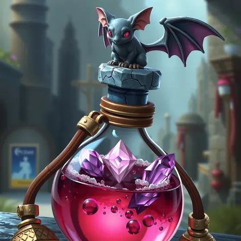 glass bottle with pink potion, ((pink potion)), oval long bottle, 
((long bottle)), on top is a blue-gray stone stopper with a figurine
of a stone bat with pink eyes, the bat figurine spread its wings,
the stopper and the bat are made of blue-gray stone,
p...