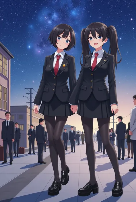 Two Japanese people、 black hair、 Twin Tails 、smile、 big eyes、shiny black leather suit、 white shirt、 ties、 black skirt 、 black tights 、 shiny black platform sneakers、I have a small trunk、 Station Home 、 gentle smile、locomotive 、Milky Way、Buildings、Many peop...