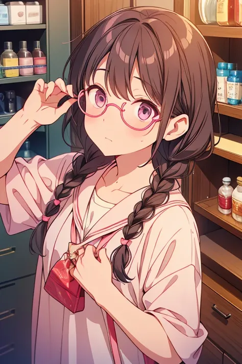 Looking up、 is shy、I have a medicine cabinet、 braids 、Worried face、pink round glasses