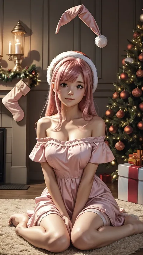 1_girl, solo, cute girl, pink hair, a bunny girl, ultra realistic, detailed lighting, anime, wearing a off the shoulder Santa dress and Christmas hat, Christmas home background  sitting with one knee raised up, the foot firmly on the ground, while her othe...