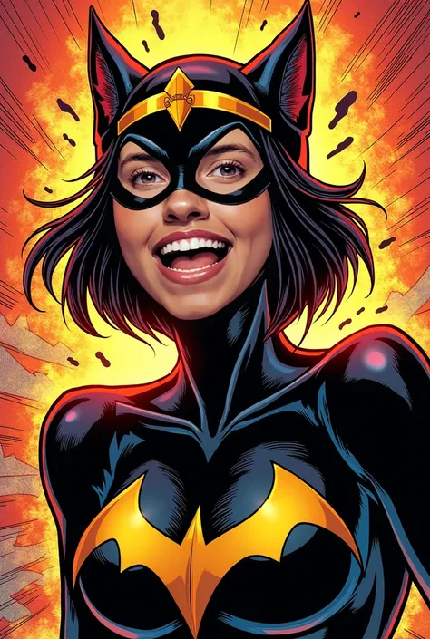 catman Selina Kyle smiling insanely, with an exaggerated expression that radiates chaotic energy, portrayed in a comic book style with a noise effect like printed comic paper, similar to the bold works of Jack Kirby. Her vibrant armor and iconic tiara cont...