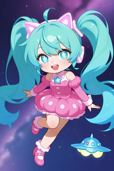   photorealistic、Chibi Miku （Sing Pink Ladys UFO、Stars in my eyes、Cute Shoes）、  clear focus ,   super detailed  , Shining Aliens、 bioluminescence 