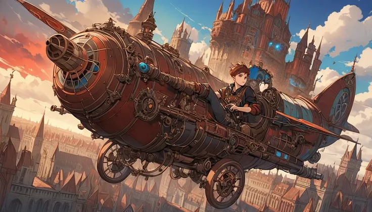 Create an anime-style illustration of a gothic-style short-haired young man piloting a steampunk-style wacky plane.
The steampunk-style wacky plane design combines mechanical and vintage elements typical of steampunk, such as gears, clock parts, and steam ...