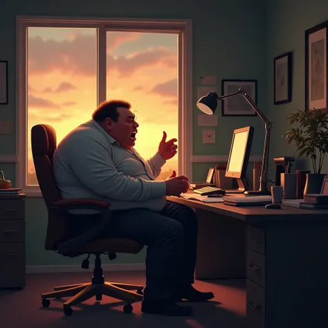 A fat man sits on a tense temper tantrum with a job done in the evening office, the sun is setting.