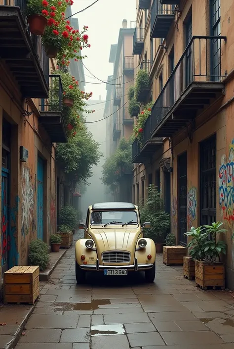 ((B&W splotchy painting of artist imperfections in a painterly style of a narrow abandoned, dead-end urban alley featuring an old Cirtoen car featuring a quality of romantic realism)), ((wall graffiti)), ((closed off back alley with brownstone buildings)),...