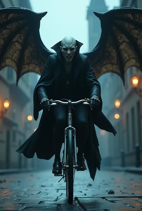 A vampire who rides a bike filmed by a dragon with chicken wings 