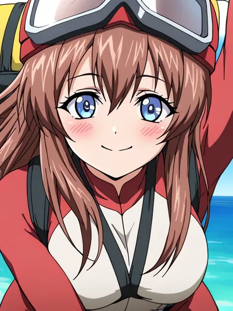 masterpiece,best quality,KanzakiAoi, 1girl, long hair, brown hair, blue eyes, large breasts, smile, she is wearing goggles and a helmet, She carries a parachute on her back and wears goggles and a helmet to cover her eyes., she skydives and descends rapidl...