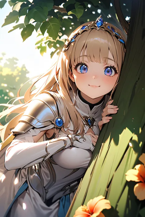 1 girl, (shocked face), young adult, long straight hair, (wearing light armor with a flowing cape), large breasts, petite, (hiding behind a tree, peeking out),  
BREAK  
enchanted garden, vibrant flowers blooming, two party members sharing a kiss, (eyes wi...