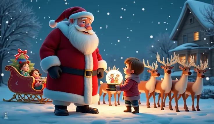 A Santa (large, cheerful man,white hair, a long  beard, blue eyes, red Santa hat,a red fur-trimmed coat, black boots, and a golden belt)is standing.and 
 a A slim, curious ( curly messy brown hair, hazel eyes, a red sweater, blue scarf, gray coat, and boot...