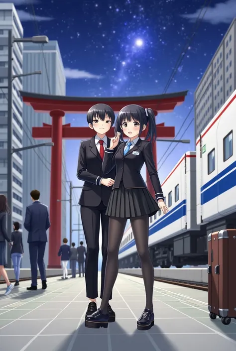 Two Japanese people、 black hair、 Twin Tails 、smile、 big eyes、shiny black leather suit、 white shirt、 ties、 black skirt 、 black tights 、 shiny black platform sneakers、I have a small trunk、 Station Home 、 gentle smile、White Shinkansen with blue lines、Milky Wa...