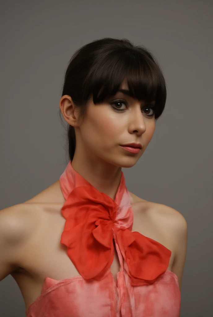 cristin_milioti, standing frontally, detailed face, red strapless dress, black bob cut hair with bangs, seductive