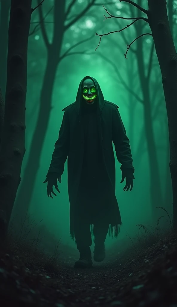 Create a Scary Short Hieght Long Sharp Teeths Man Ghost Creature Walking In The Dark Forest At Night, Green Glowing Eyes, Looking Very Scary, Small Hieght, Walking Like A Old Man, Both FeetsTurned Backwoods, human creature