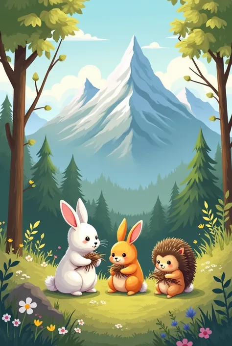 White bunny , an orange bunny and a cheerful hog collect twigs on a hike by the mountain