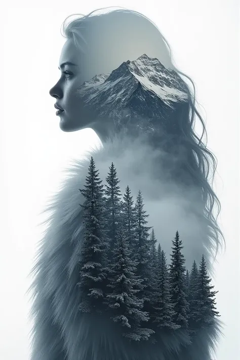 Create a double exposure artwork of a majestic a beauty women seamlessly blending with a natural landscape.((Looking at viewer)), The girls fur transitions into dense evergreen trees at the base, with Snowflake,Christmas tree,Merry Christmas,Christmas Gree...