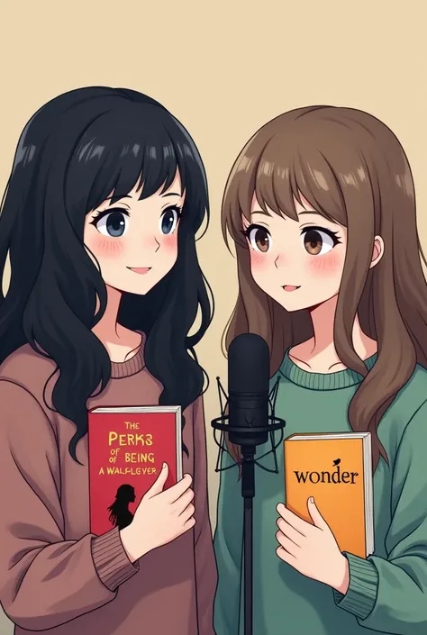 Two girls recording a podcast one has wavy black hair no bangs and pale skin holding the book The Perks of Being a Wallflower while the other holds the book Wonder is shorter and has light brown hair and a side parting, she is white but not as white as the...