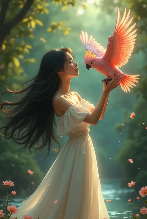 A beautiful girl with long black hair with open arms and flying galah cockatoo
