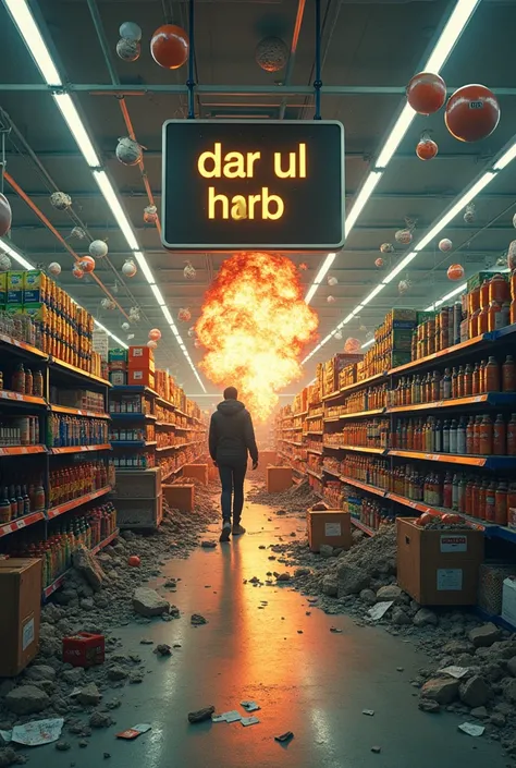 A surreal image of a modern supermarket where shelves turn into crumbling ruins. Tiny explosions of items like shopping carts and receipts occur in the background. A bold sign hangs above, reading Dar ul Harb?