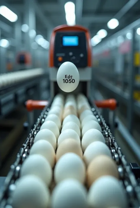 A conveyor belt is coming from the farm, and it is a chain-type conveyor carrying eggs. Above the conveyor, there is an egg printer (DC-Jet 150 Plus) printing expiry dates on the eggs.

