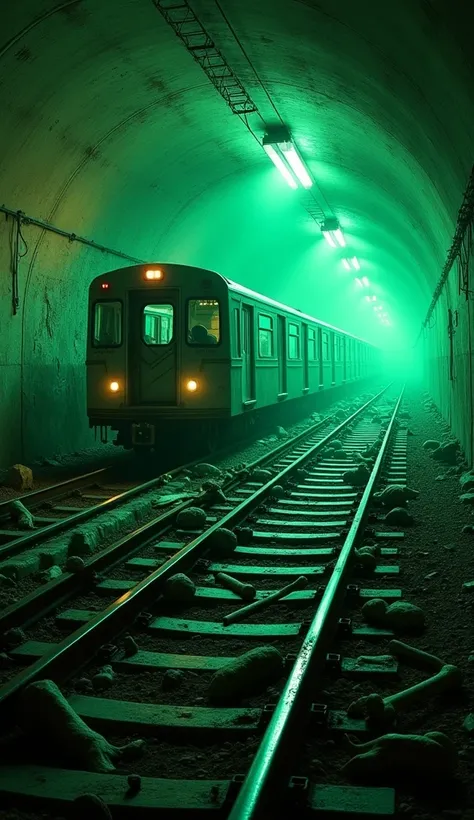 In cinematic 3D style ,HD image, realistic image, colourful image. 
Action,The metro train is standing inside an old tunnel. Green coloured light is emanating from the tunnel and many big skeleton big body parts of are lying on the railway tracks.