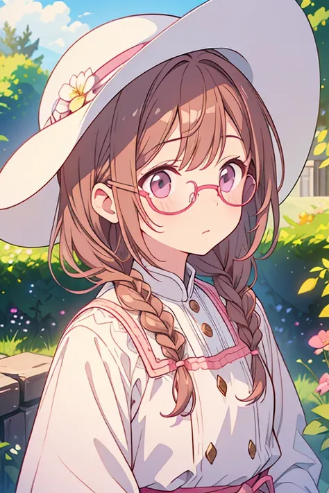 Looking up、 is shy、 braids 、Worried face、pink round glasses、Im wearing a white round hat、Hair color is brown、garden