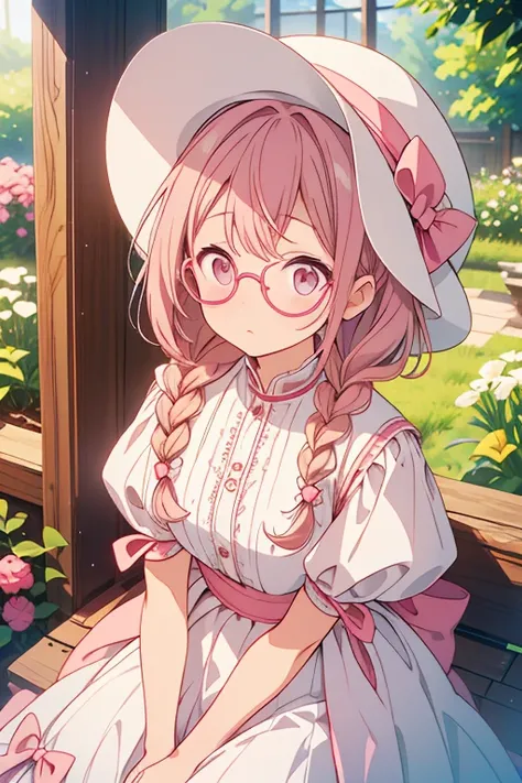 Looking up、 is shy、 braids 、Worried face、pink round glasses、Im wearing a white round hat、Hair color is brown、garden