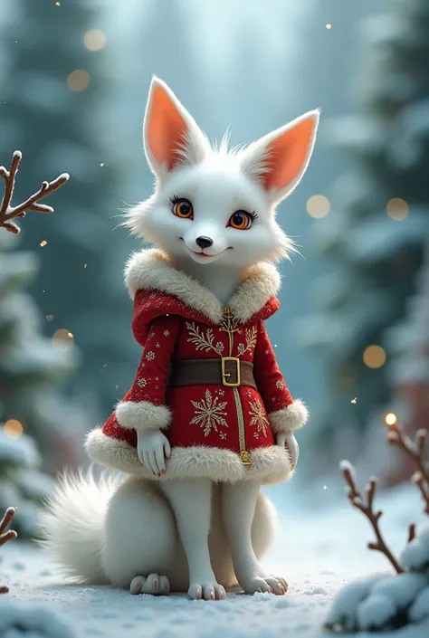 Mythical male white fox in mythical Santa Claus Christmas costume
 