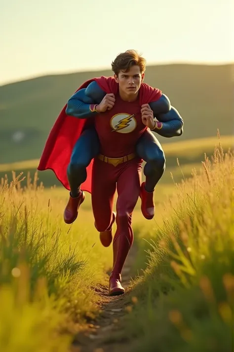 Teenage flash carrying teenage superman on his back in a field