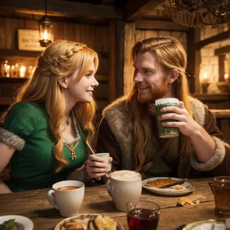 art expression character. fantasy illustration. A stunningly handsome blond Viking and a red-haired woman with a mischievous smile, dressed in a green Viking-style dress trimmed with fur, are sitting in a dimly lit tavern, holding a large mug of frothy ale...