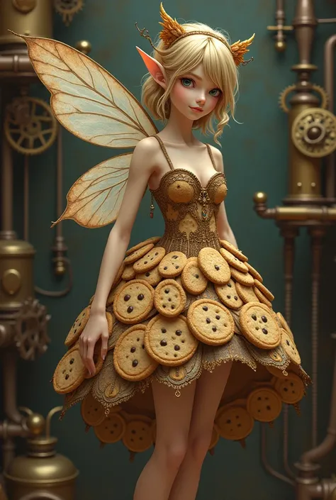 Fairy woman dressed in chocolate chip cookies,   steampunk style  