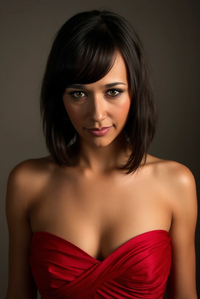 standing frontally, detailed face, red strapless dress, black bob cut hair with bangs, seductive