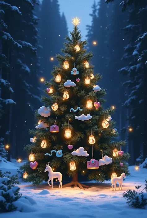 A snow-covered forest glowing under twilight, centered on an enchanted evergreen adorned with Taylor Swift-inspired ornaments: small gold guitars, white horses, purple hearts, red lips, baby blue polaroid camera, black and white snakes, and baby pink cloud...