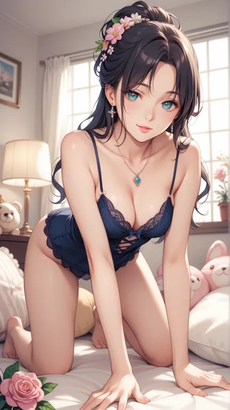 Hinazuru, her gentle beauty enhanced by a soft sensuality, kneels on all fours on a plush cushion in a dimly lit room, the soft glow of a nearby lamp creating an atmosphere of intimate tranquility. Her long, dark hair is styled in its usual elaborate updo,...