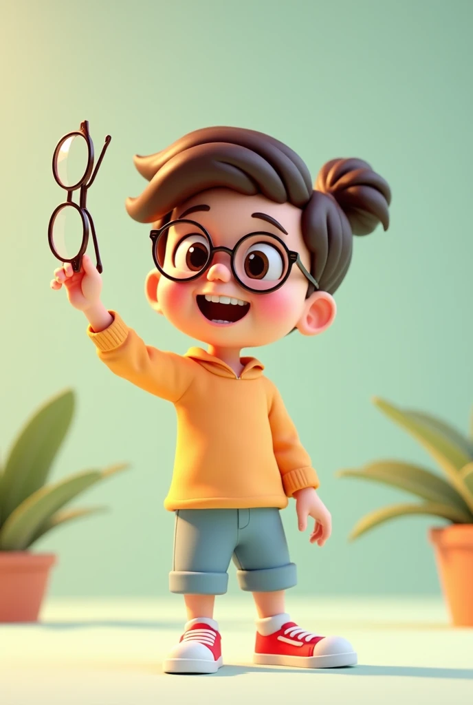 A person smiling after successfully removing their glasses, holding them in one hand. The setting is calm and simple, showcasing a sense of accomplishment
3D young man cartoon photo 